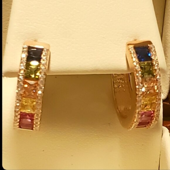 Amazon.com: 14K Tri-Color Yellow, White and Rose Gold  Silver 925 Rose Gold Plated Three Multi-Colored CZ Row Oval Hoop Earrings